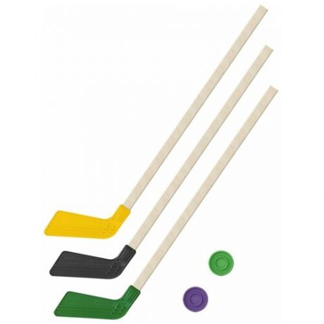 Набор Задира-плюс 3 клюшки хоккейных 80 см и 2 шайбы, КЛ2-Ш2-КЛ-Ш желтый/черный/зеленый
