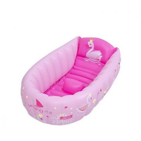 Надувная детская складная ванночка Лебедь сухой бассейн для купания и отдыха от 0 месяцев с крючком для подвешивания, 100х60х28см розовая