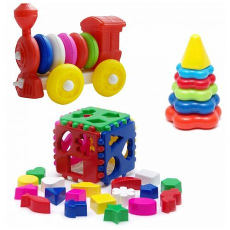 Набор развивающий Игрушка "Кубик логический большой" арт. 40-0010 + Пирамида детская малая арт. 40-0046 + Конструктор-каталка "Паровозик" арт. К-004