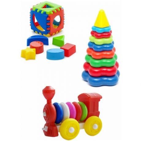 Набор развивающий Игрушка "Кубик логический малый" + Пирамида детская большая + Конструктор-каталка "Паровозик", каролина тойз