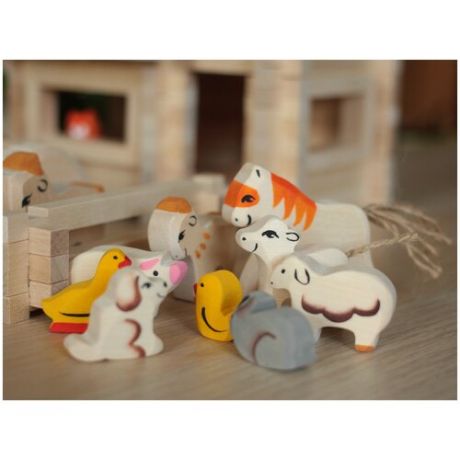 Домашние Животные Набор из 20 фигурок из массива дерева (ручная работа) , Вальдорфская игрушка Ферма , методика Монтессори
