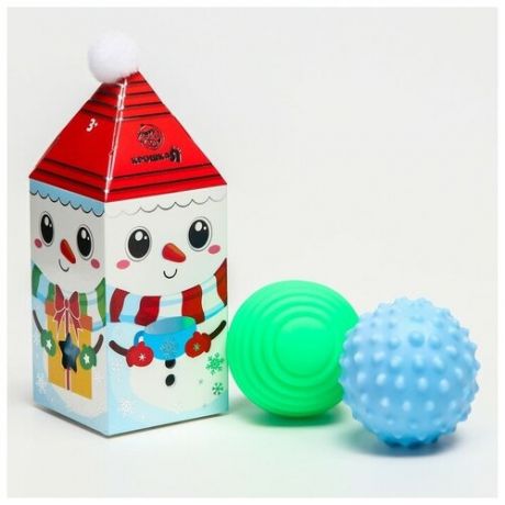 Крошка Я Подарочный набор развивающих, тактильных мячиков "Снеговик" с помпошкой, 2 шт.