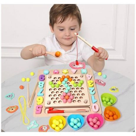 Набор "Монтессори 6 в 1" /Деревянные развивающие игрушки Монтессори / Мозаика сортер и магнитная рыбалка / Развивающие игры для детей от 3 лет
