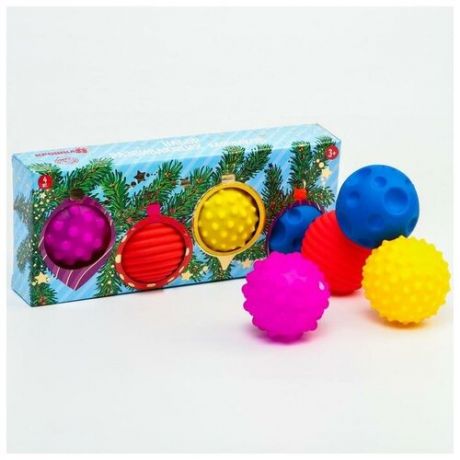 Подарочный набор развивающих массажных мячиков «Ёлка с игрушками» 4 шт формы и цвета микс
