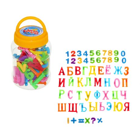 Алфавит магнитный русский язык, цифры магнитные в банке, 59 деталей, цвета микс