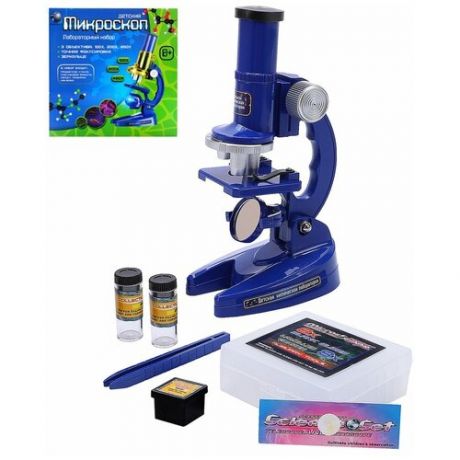 Детский микроскоп, 3 объектива (100х,200х,450х), точная фокусировка, зеркальце, аксессуары, детская лаборатория, юному исследователю, синий