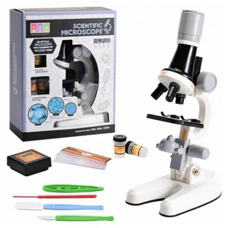 Микроскоп детский х1200 с контейнерами, баночками и приборами для опытов Линза, Лупа, белый