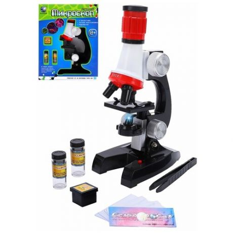 Детский микроскоп, 3 объектива (100х,400х,1200х), точная фокусировка, подсветка, аксессуары, детская лаборатория, юному исследователю, белый