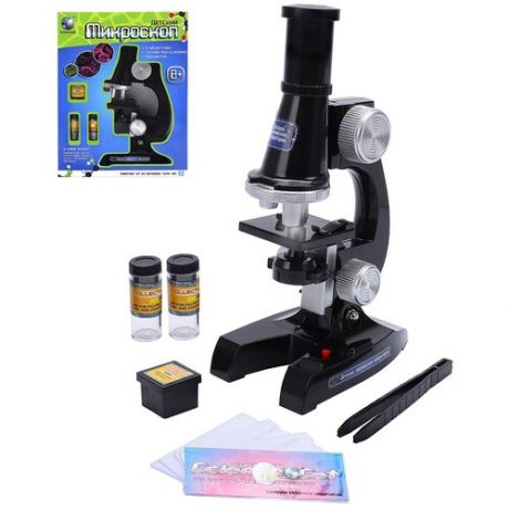 Детский микроскоп, 3 объектива (100х,200х,450х), точная фокусировка, подсветка, аксессуары, детская лаборатория, юному исследователю, черный
