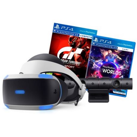 Система VR Sony PlayStation VR (CUH-ZVR2) + Camera + Gran Turismo Sport + PlayStation VR Worlds, 1920x1080, 120 Гц, камера, наушники, черно-белый