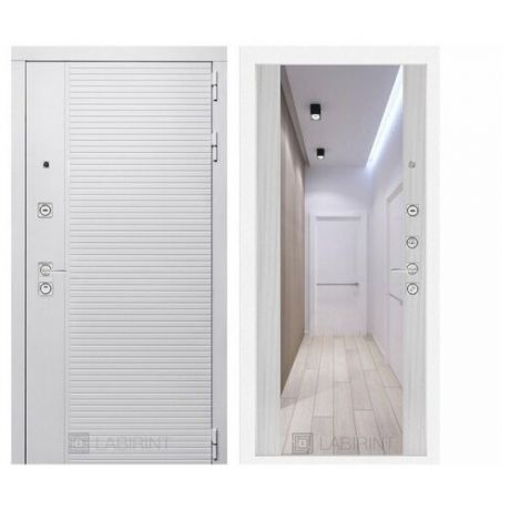 Входная металлическая дверь Лабиринт PIANO WHITE с зеркалом Максимум - Сандал белый