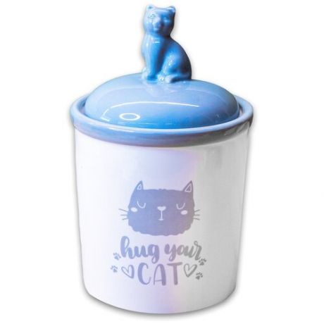 КерамикАрт бокс керамический для хранения корма Hug your cat 1650мл, бело-серая