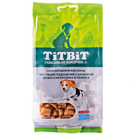 Лакомство для собак Titbit Лакомый кусочек Хрустящие подушечки с начинкой со вкусом кролика и творога, 95 г
