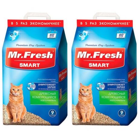 Наполнитель древесный комкующийся Mr. Fresh Smart для туалета короткошерстных кошек (9 + 9 л)