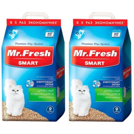 Наполнитель древесный комкующийся Mr. Fresh Smart для туалета длинношерстных кошек (9 + 9 л)