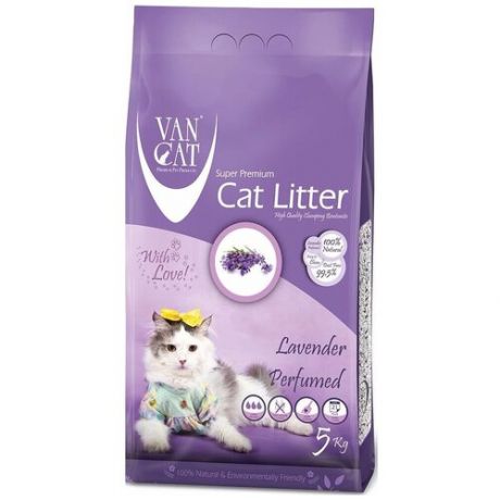 Van Cat Комкующийся наполнитель без пыли с ароматом лаванды, пакет, Lavender 5 кг