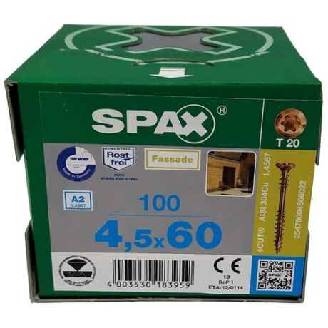 Spax для фасадов 4,5x60 мм 25479004506022 (100 шт/упак - двойная резьба, нержавейка A2, Антик
