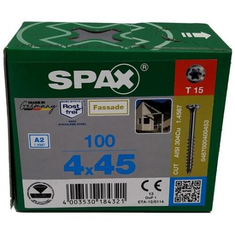 Spax для фасадов 4,0x45 мм 0467000400453 (100 шт/упак - малая головка, нержавейка A2