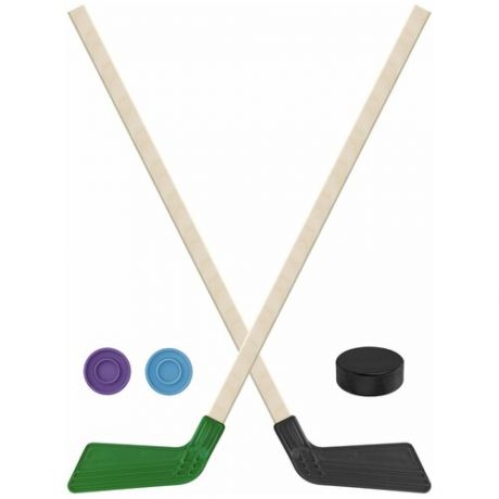 Набор зимний: 2 Клюшки хоккейных зелёная и чёрная 80 см.+2 шайбы + Шайба хоккейная 75 мм Задира-плюс