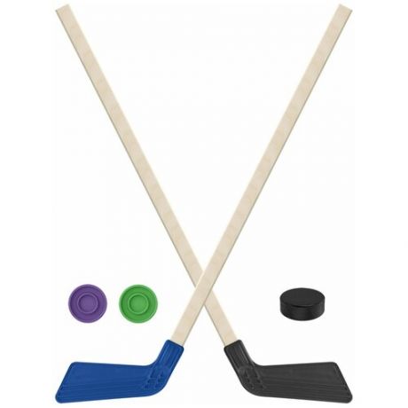 Набор зимний: 2 Клюшки хоккейных синяя и чёрная 80 см.+2 шайбы + Шайба хоккейная детская 60 мм Задира-плюс
