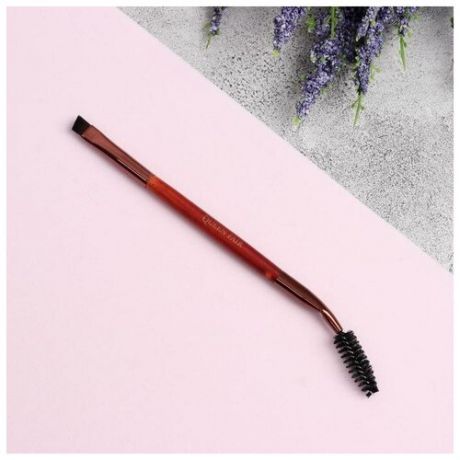 Кисть для макияжа «Brush WOOD», двусторонняя, с щёточкой, 14,5 см, цвет коричневый
