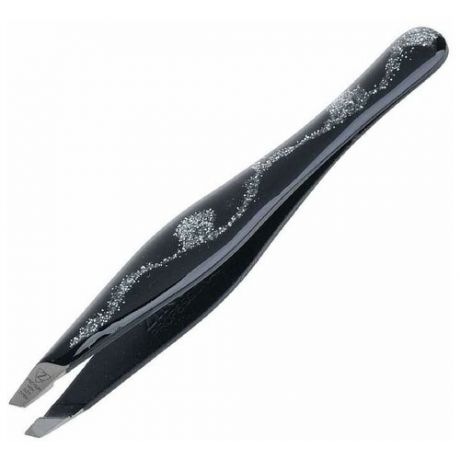 Пинцет скошенный с округлой ручкой черный с блестками (эмаль)