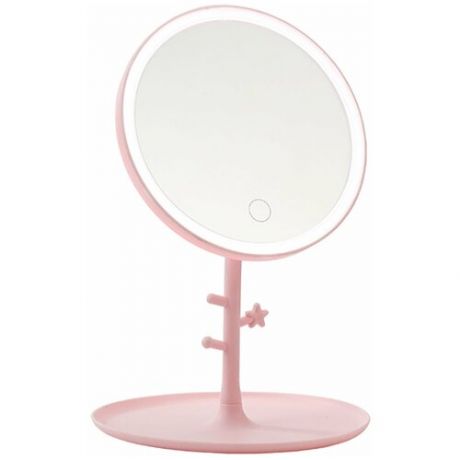 Зеркало косметическое Простые решения круглое на ножке с подсветкой, розовое