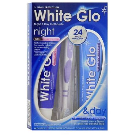 Набор средств White Glo День + Ночь Дневная зубная паста 100 мл + Ночной гель 85 мл + зубная щетка (фиолетовая)
