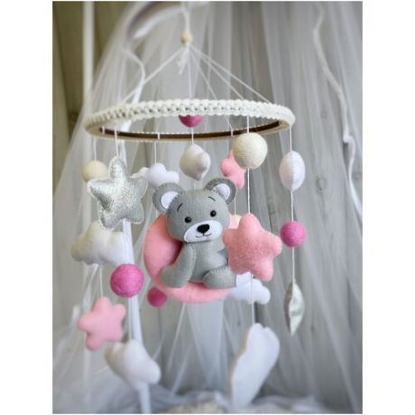 Мобиль музыкальный для детской кроватки Сплюшки Мобили "Мишка с розовыми звездами