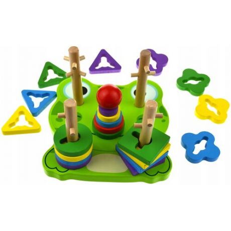 Развивающий деревянный сортер - пирамидка геометрические фигуры Монтессори, головоломка "Лягушка"