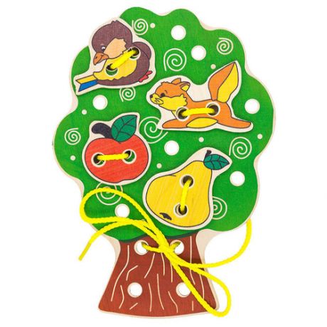 Игрушка для детей интерактивная развивающая Шнуровка "Дерево" (деревянная)