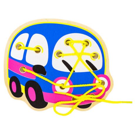 Игрушка для детей интерактивная развивающая Шнуровка "Автобус" (деревянная)