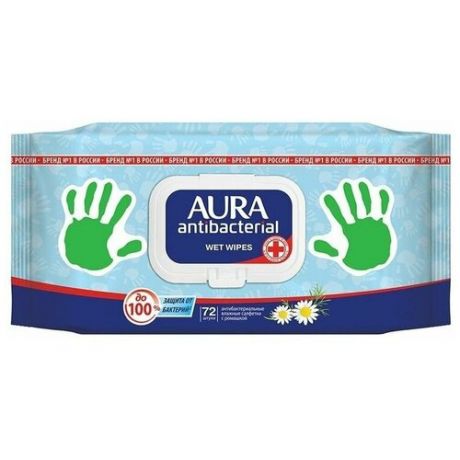 Aura Влажные салфетки антибактериальные с ромашкой, 72 шт.