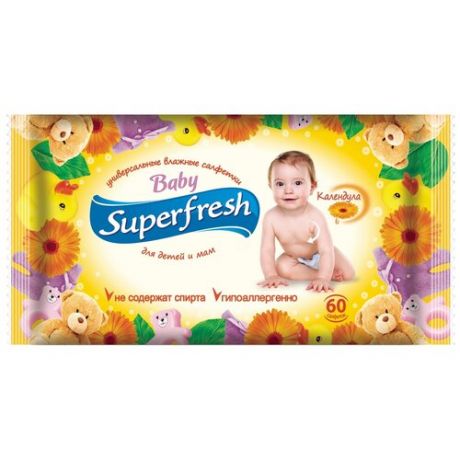 Влажные салфетки Superfresh Baby для детей и мам с календулой, липучка, 60 шт.