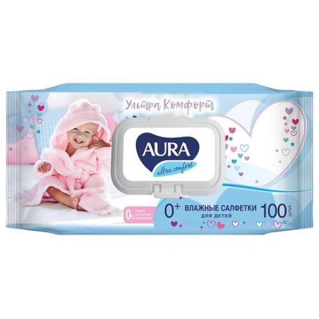 Aura Ultra Comfort Салфетки влажные для детей, с экстрактом алоэ и витамином Е, с крышкой, 100 шт