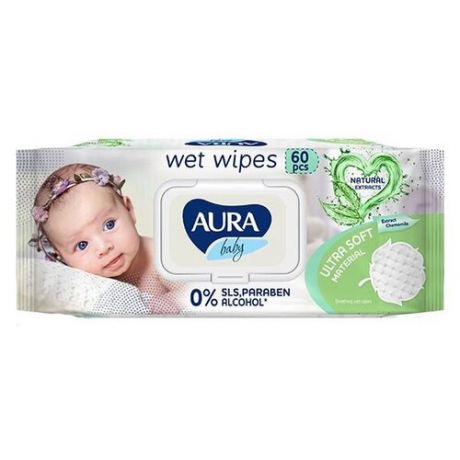 AURA BABY Влажные салфетки детские 0+ big-pack с крышкой 60шт