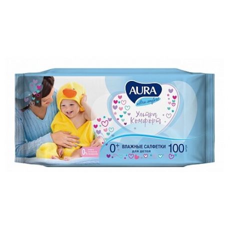 Салфетки влажные комплект 100 шт., для детей AURA "Ultra comfort", универсальные, очищающие, гипоаллергенные, без спирта, 5637