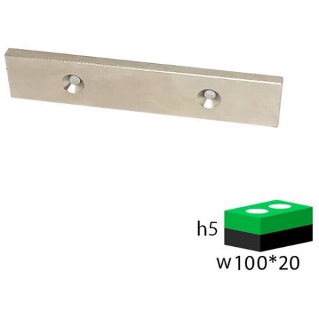 Неодимовый магнит прямоугольник 100х20х5 мм с двумя зенковками 4.5/10