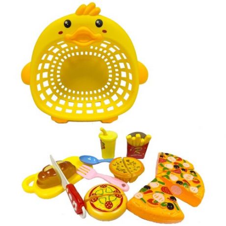 Игровой набор продуктов, Фастфуд, Забавная пицца, в желтой тарелке, 9 предметов.
