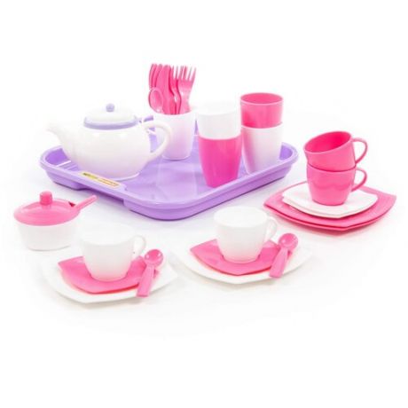 Набор посуды Полесье "Алиса" с подносом на 4 персоны 58973 белый/розовый