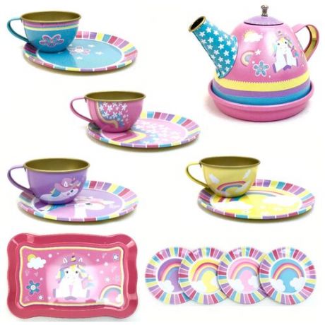 Игрушечный набор металлической посуды для чаепития Tea Set Party, 14 предметов, набор посуды, детская посудка, чайник, поднос, 40х30х9 см