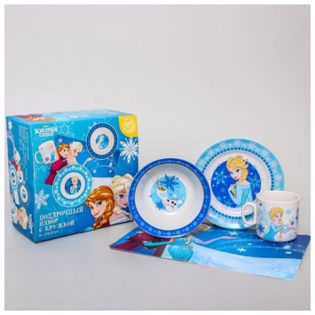 Набор посуды Disney "Winter Magic", 4 предмета: тарелка d 16,5 см, миска d 14 см, кружка 200 мл, коврик в подарочной упаковке, Холодное сердце