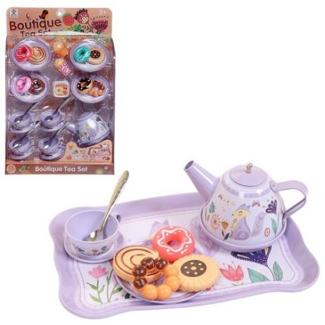 Игровой набор Junfa Посуда металлическая в наборе с чайником, чашками, блюдцами, подносом, продуктами, голубой