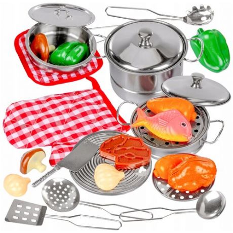 Игрушечный набор металлической посуды Kitchen, 23 предмета, набор посуды, детская посудка, набор продуктов для нарезки, продукты на липучках, 43х34х1