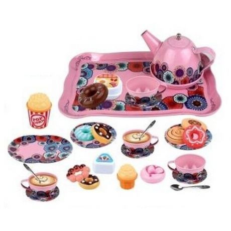 Посуда металлическая в наборе с чайником, чашками, блюдцами, подносом, продуктами, розовый, на блистере - Junfa Toys [WK-14789]