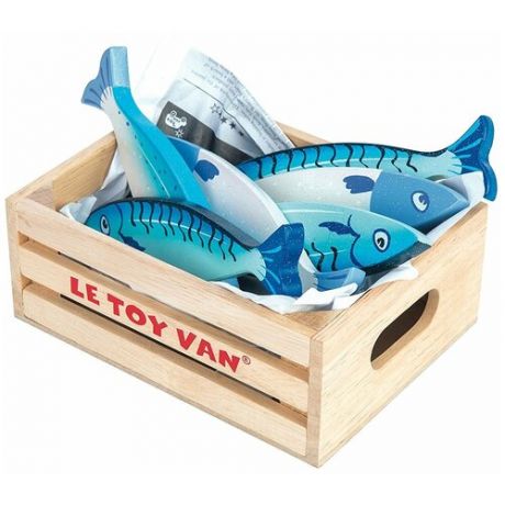 Свежая рыба в деревянном ящичке, набор игрушечных продуктов из 5 синих рыбок
