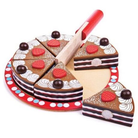 Деревянная игрушка "Шоколадный торт" с подставкой и ножом, арт. BJ627