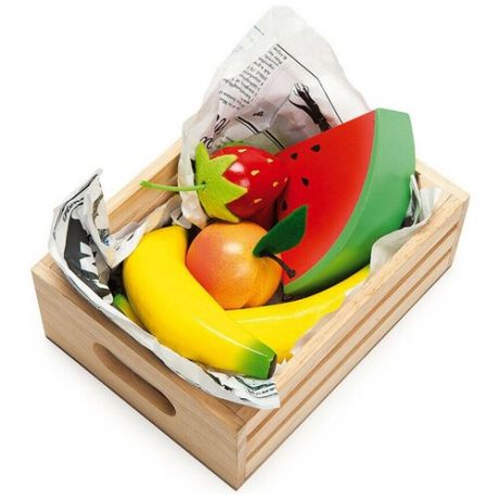 Сочные фрукты в ящичке игрушечные продукты из дерева: кусочек арбуза, клубника, абрикос и бананы