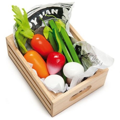 Овощи в ящичке игрушечные продукты из дерева: редис, морковь, шампиньоны и зеленый горошек
