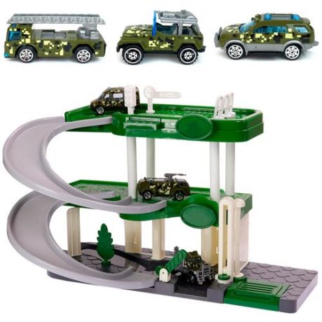 Детский игровой набор Парковка Parking Garage, 3 военные машинки, звук стрельбы, подсветка, лифт, военная техника, 42х30х9см